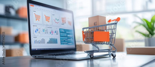 E commerce dashboard on monitor displaying sales data and shopping cart