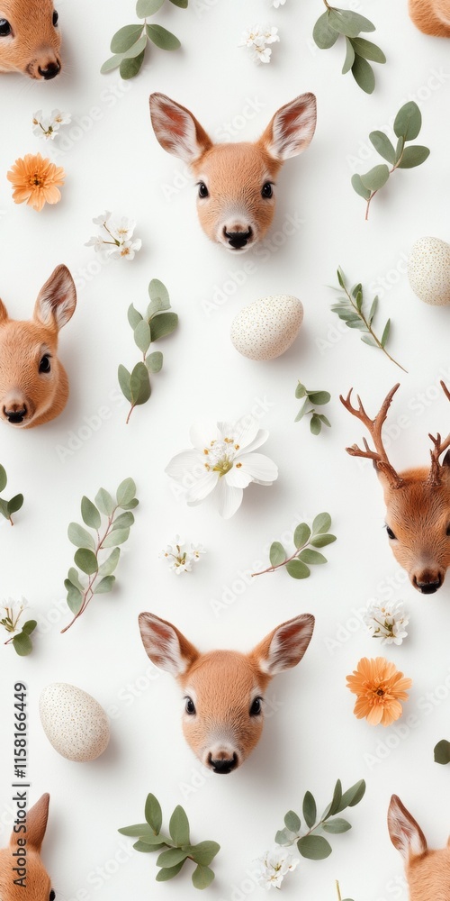 Naklejka premium Whimsical Woodland Pattern with Deer and Floral Accents