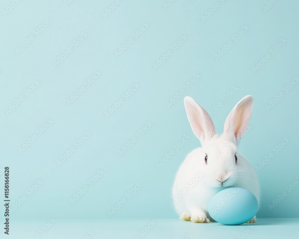 White Rabbit with Blue Easter Egg on Light Blue Background in Minimalist Style White Rabbit with Blue Easter Egg on Light Blue Background in Minimalist Style