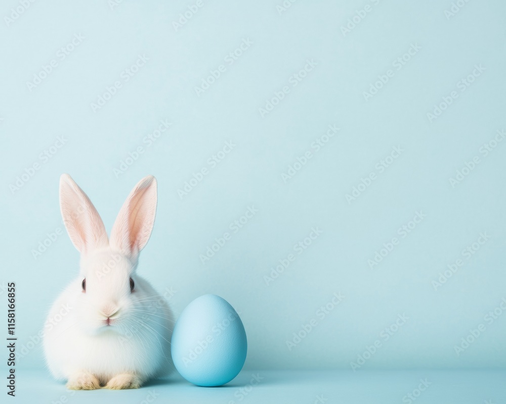 White Rabbit and Blue Egg on a Light Blue Background - Minimalist Easter Still Life White Rabbit and Blue Egg on a Light Blue Background - Minimalist Easter Still Life