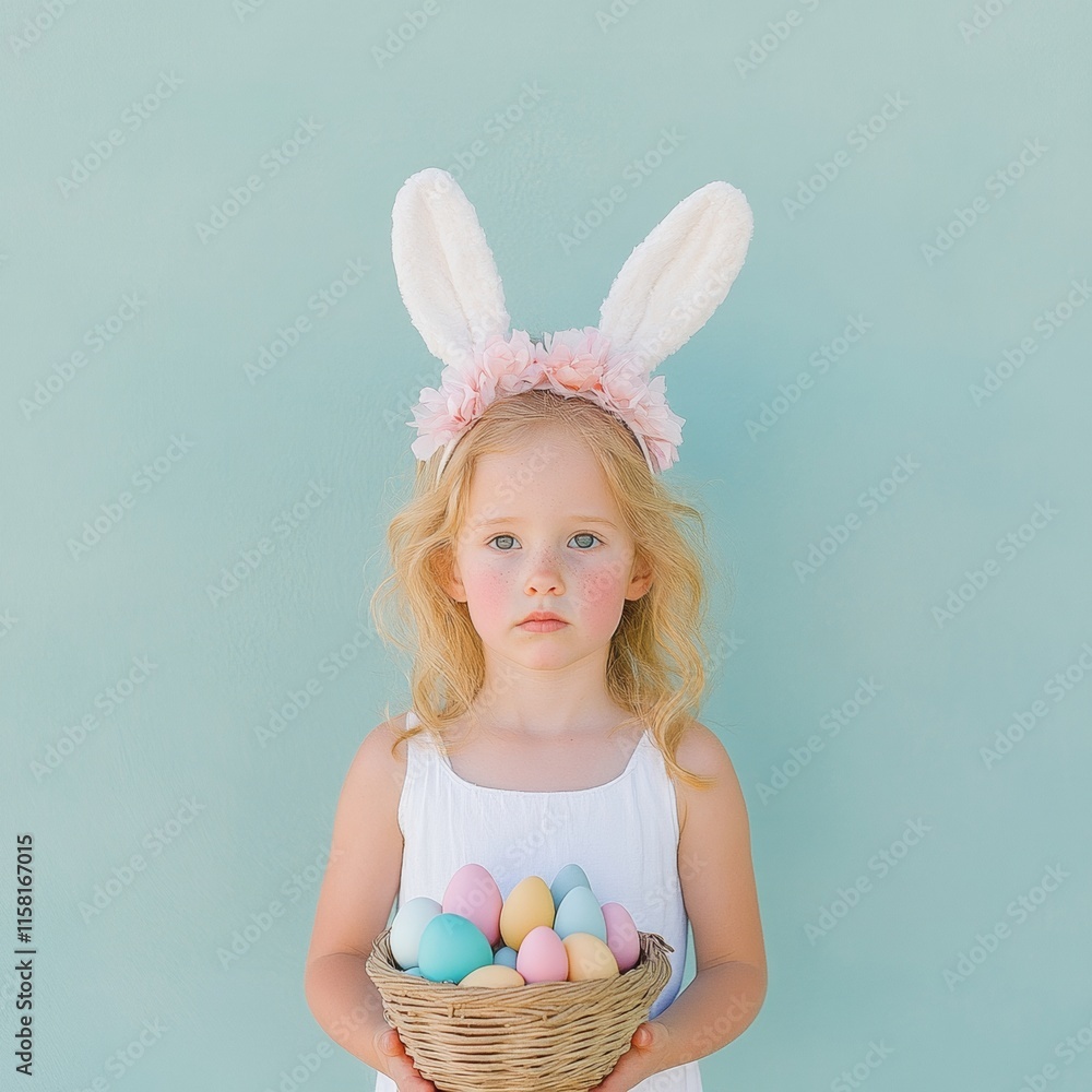 Whimsical Spring Portrait of a Girl with Bunny Ears and Easter Eggs Whimsical Spring Portrait of a Girl with Bunny Ears and Easter Eggs