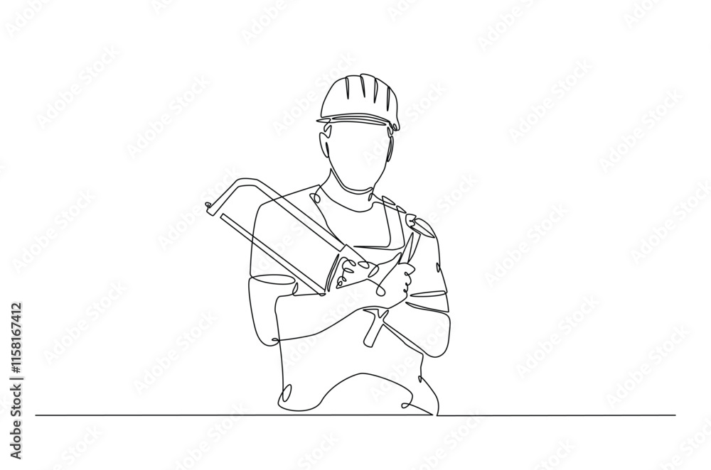 Builder man holding hammer and handsaw in continuous one line drawing. construction worker single line art illustration. Editable vector. Builder man holding hammer and handsaw in continuous one line drawing. construction worker single line art illustration. Editable vector.