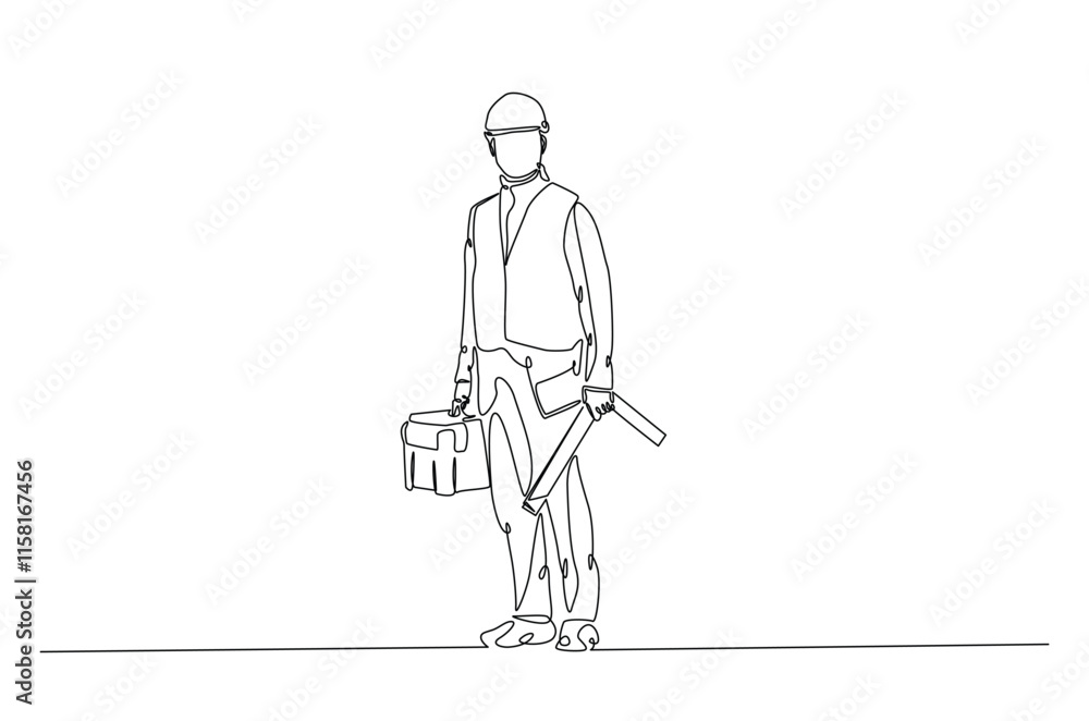 Builder man holding tool box in continuous one line drawing. construction worker single line art illustration. Editable vector. Builder man holding tool box in continuous one line drawing. construction worker single line art illustration. Editable vector.