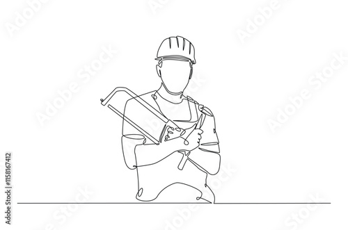 Builder man holding hammer and handsaw in continuous one line drawing. construction worker single line art illustration. Editable vector.