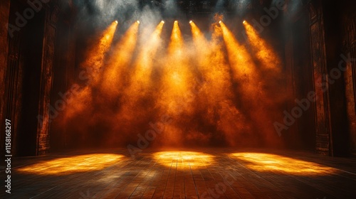 Golden spotlights creating dramatic illumination effects for a performance stage photo