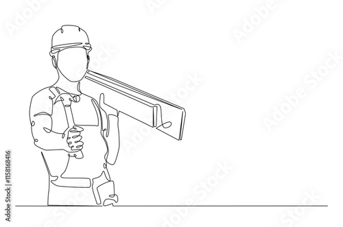 Carpenter carrying stack of wooden boards in continuous one line drawing. construction worker single line art illustration. Editable vector.