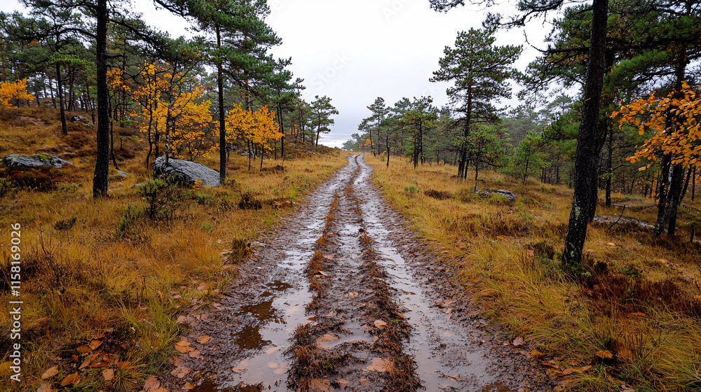 Obraz premium Misty morning in coastal pine forest with wet dirt path and autumn foliage. scene evokes tranquility and connection with nature
