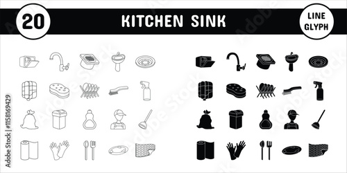 Kitchen Sink Line Glyph Vector Illustration Icon Sticker Set Design Materials