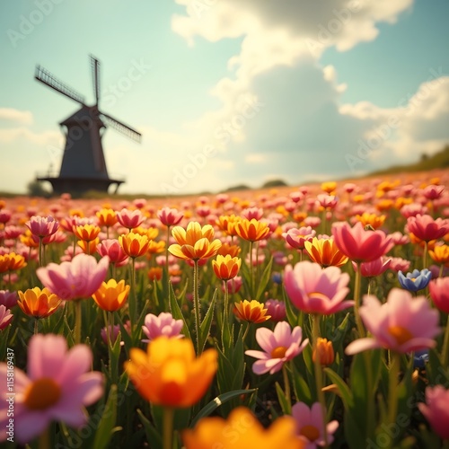 Whimsical flower field bathed in golden light with a distant rustic windmil.