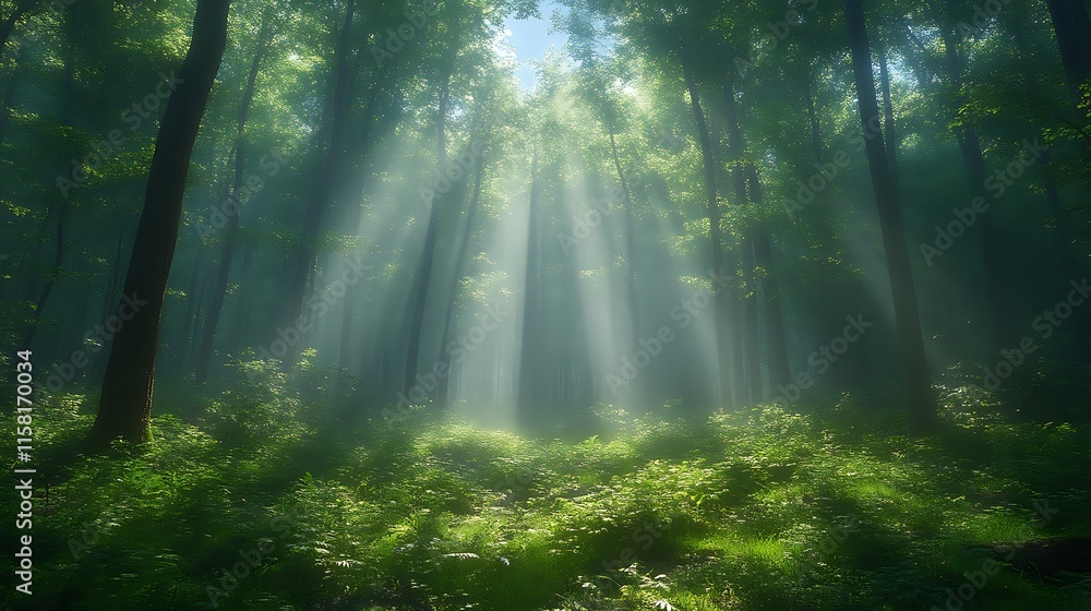 Fototapeta premium Sunbeams piercing misty green forest.