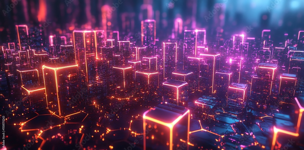 Fototapeta premium A vibrant, futuristic cityscape with glowing geometric structures and neon lights.