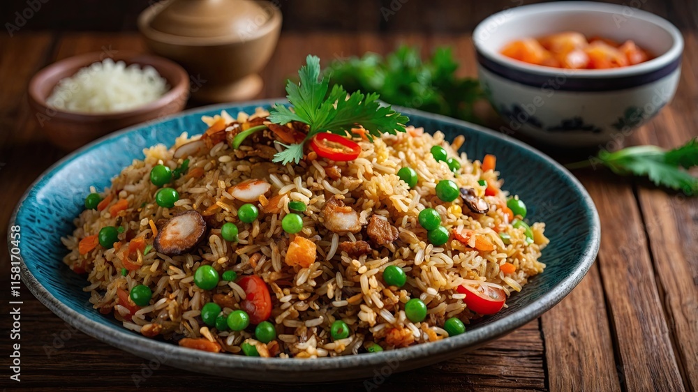 Close up of authentic indonesian fried rice on the wood table Close up of authentic indonesian fried rice on the wood table