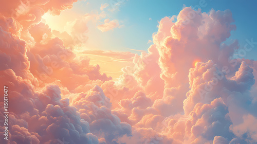 Sunbeams pierce fluffy clouds, heavenly scene. Aetherial. Illustration photo