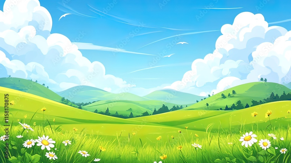 Fototapeta premium Sunny day, green hills, wildflowers, blue sky, fluffy clouds, peaceful landscape.