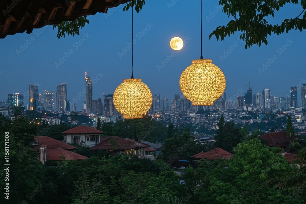 Obraz premium A rooftop Eid iftar gathering with a stunning view of a crescent moon and city lights, surrounded by traditional lanterns