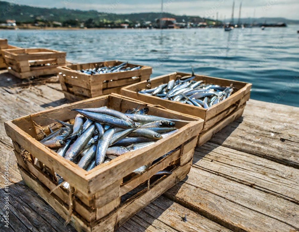 Silver Anchovies Arranged Neatly in Wooden Baskets at a Coastal Fishing Dock Silver Anchovies Arranged Neatly in Wooden Baskets at a Coastal Fishing Dock