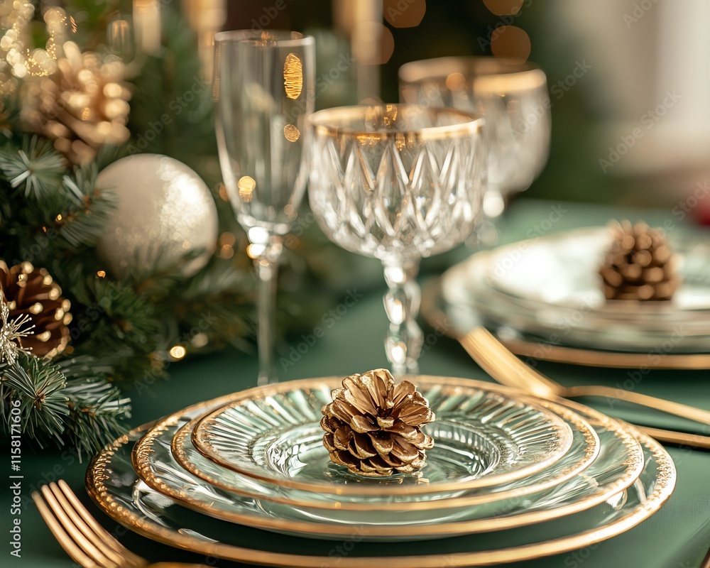 Festive green table setting for a luxurious Christmas and New Year dinner, with gold flatware, crystal glassware, and seasonal floral arrangements Festive green table setting for a luxurious Christmas and New Year dinner, with gold flatware, crystal glassware, and seasonal floral arrangements