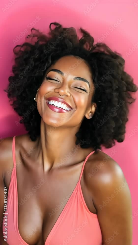 Smiling woman with curly hair poses against a vibrant pink background during a photoshoot in a studio setting Smiling woman with curly hair poses against a vibrant pink background during a photoshoot in a studio setting