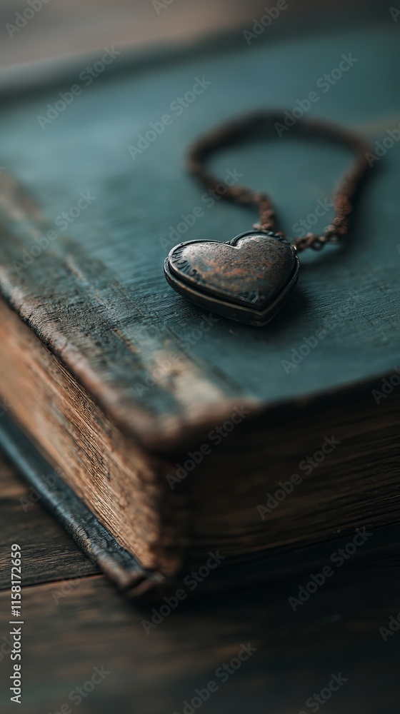 An antique heart-shaped locket resting on an old, weathered book. An antique heart-shaped locket resting on an old, weathered book.