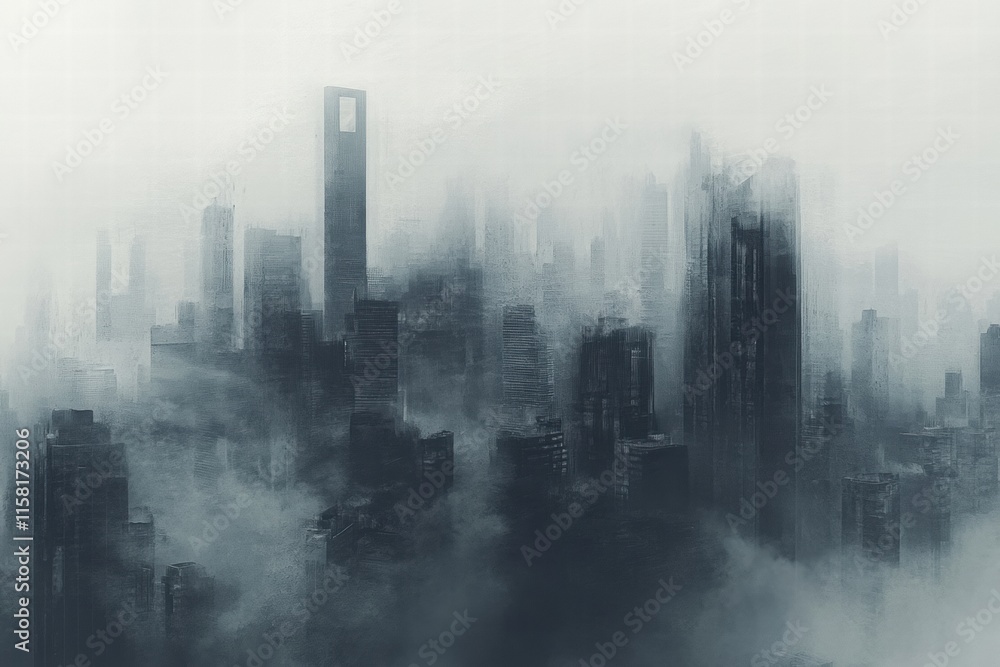 Dense smog blankets city skyline, obscuring buildings and structures in urban landscape. Generative AI Dense smog blankets city skyline, obscuring buildings and structures in urban landscape. Generative AI