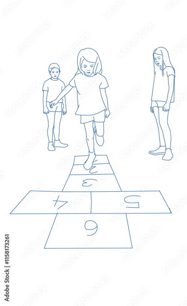 Cheerful children playing hopscotch in the schoolyard. Cheerful children playing hopscotch in the schoolyard.