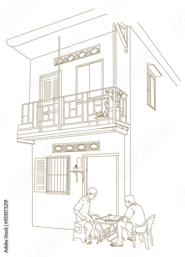 2 mans playing games front of old house