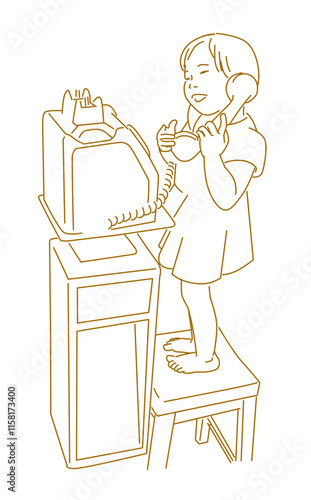  little girl using vintage telephone when sitting on chair