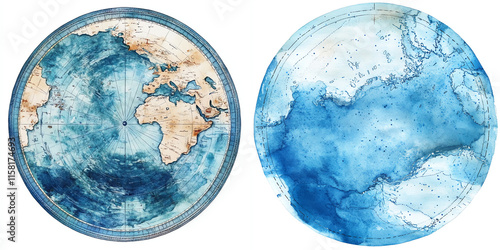 Earth globes watercolor set, world map collection isolated on white background photo