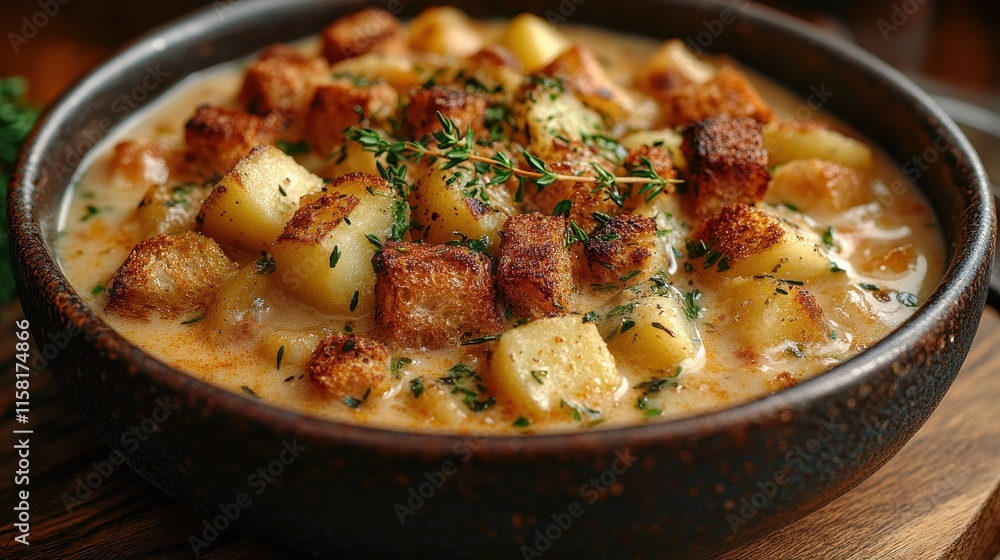 Potato chowder garnished with crispy croutons and fresh chives. Potato chowder garnished with crispy croutons and fresh chives.