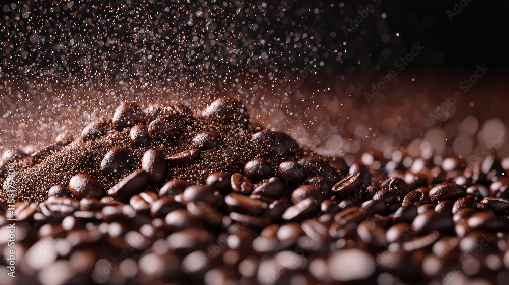 Close-up of coffee beans with ground coffee dust particles Close-up of coffee beans with ground coffee dust particles