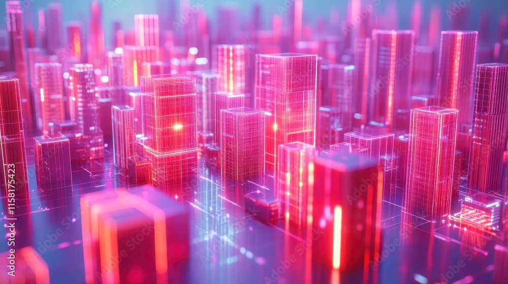 Fototapeta premium A vibrant, futuristic cityscape featuring glowing pink and blue skyscrapers, creating a digital, high-tech atmosphere.