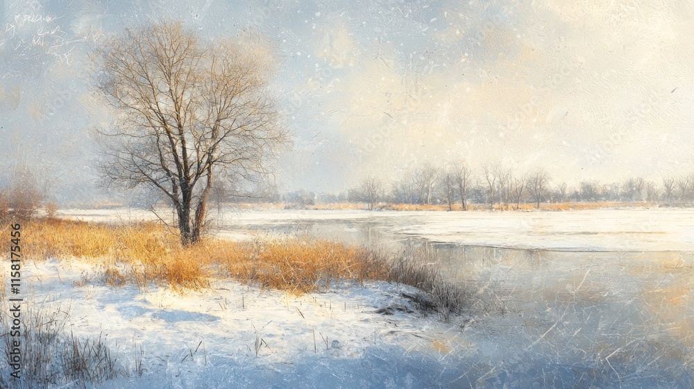 A serene winter landscape featuring a bare tree near a frozen river and snow-covered grass. A serene winter landscape featuring a bare tree near a frozen river and snow-covered grass.