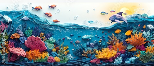 Intricate paper art of a thriving ocean ecosystem, showing coral reefs, sea creatures, and the importance of environmental conservation, World Oceans Day theme, AIcreated photo