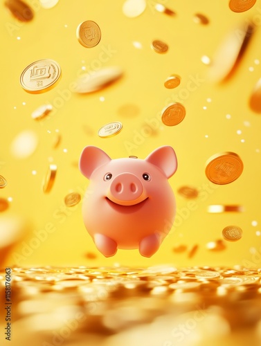 Pink Piggy Bank with Flying Golden Coins on Yellow Background Symbol of Savings, Finances, and Personal cash savings, Banner with copy space for text  - ai