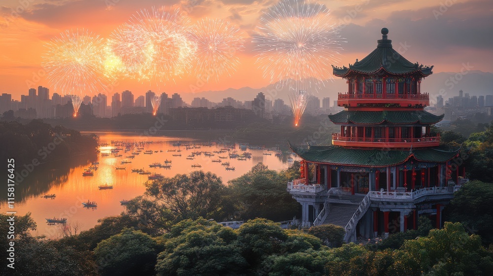 Obraz premium Aerial view of chinese new year fireworks festival in urban landscape