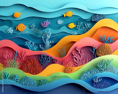 Paper art of vibrant ocean ecosystems, with waves, marine life, and coral reefs, symbolizing the importance of ocean conservation, World Oceans Day, generative AI