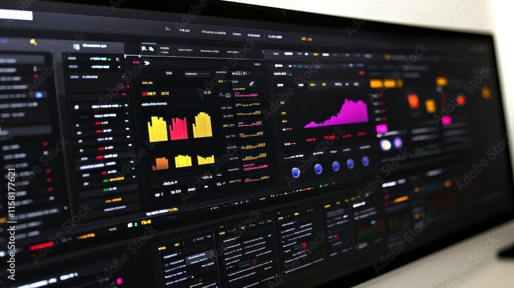 A sleek, dark-themed dashboard displaying colorful data visualizations, including graphs and metrics, on a modern computer screen. A sleek, dark-themed dashboard displaying colorful data visualizations, including graphs and metrics, on a modern computer screen.