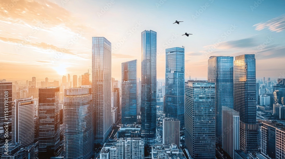 Obraz premium Aerial view of a modern city skyline at sunset with two jets flying overhead.