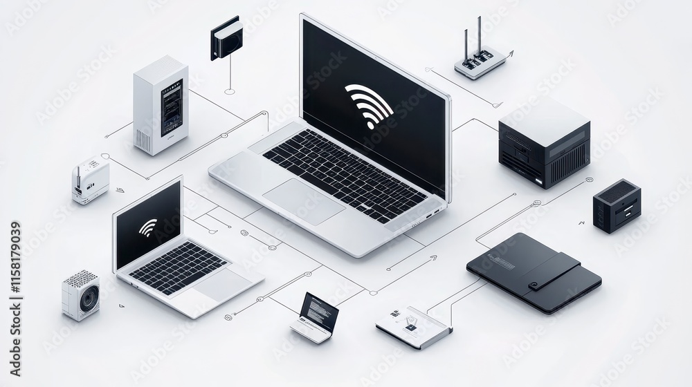 A modern workspace featuring laptops and various devices connected wirelessly, illustrating a technology-driven environment. A modern workspace featuring laptops and various devices connected wirelessly, illustrating a technology-driven environment.