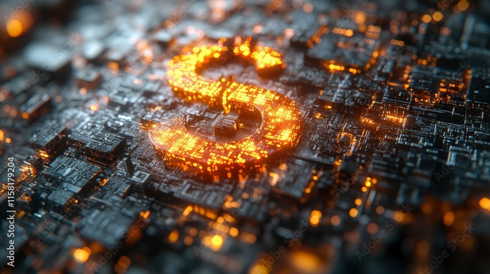 Glowing Dollar Sign on Futuristic Circuit Board - Digital Currency and Finance Concept