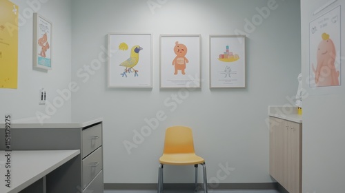 Empty pediatric clinic featuring vaccination posters, conveying a message of preparedness and public health awareness in a serene and hygienic environment.