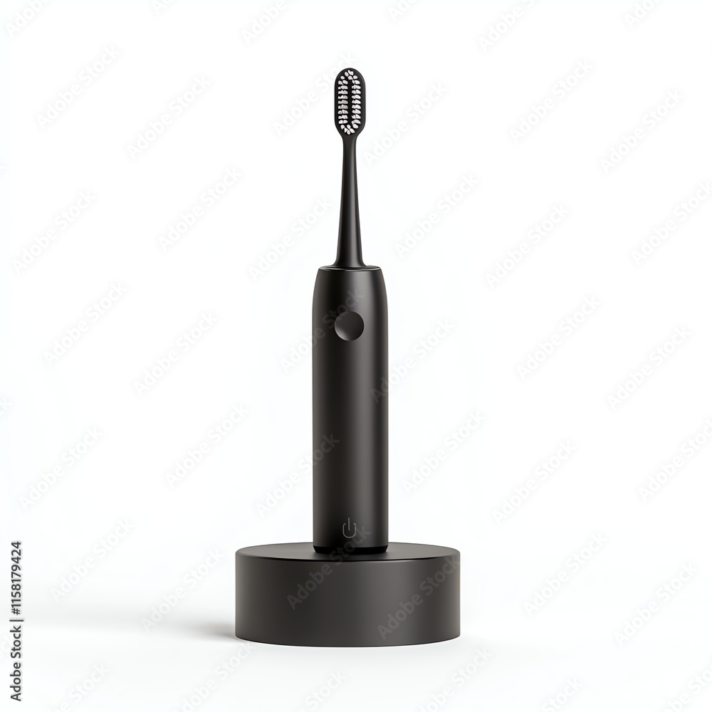 A sleek, modern black electric toothbrush displayed on a minimalistic charging base, emphasizing design and functionality. A sleek, modern black electric toothbrush displayed on a minimalistic charging base, emphasizing design and functionality.