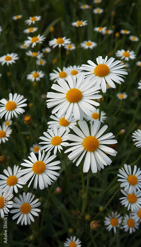 White daisies with yellow centers in a field, summer wildflowers, natural beauty White daisies with yellow centers in a field, summer wildflowers, natural beauty