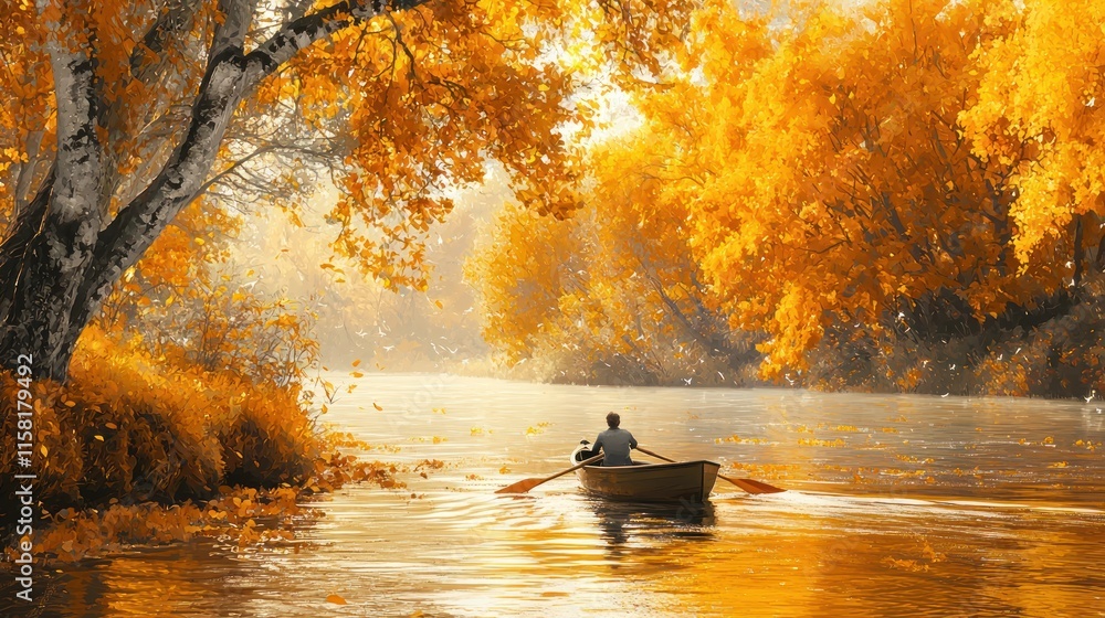A serene autumn scene with a person rowing a boat through a vibrant, orange-tinted river. A serene autumn scene with a person rowing a boat through a vibrant, orange-tinted river.