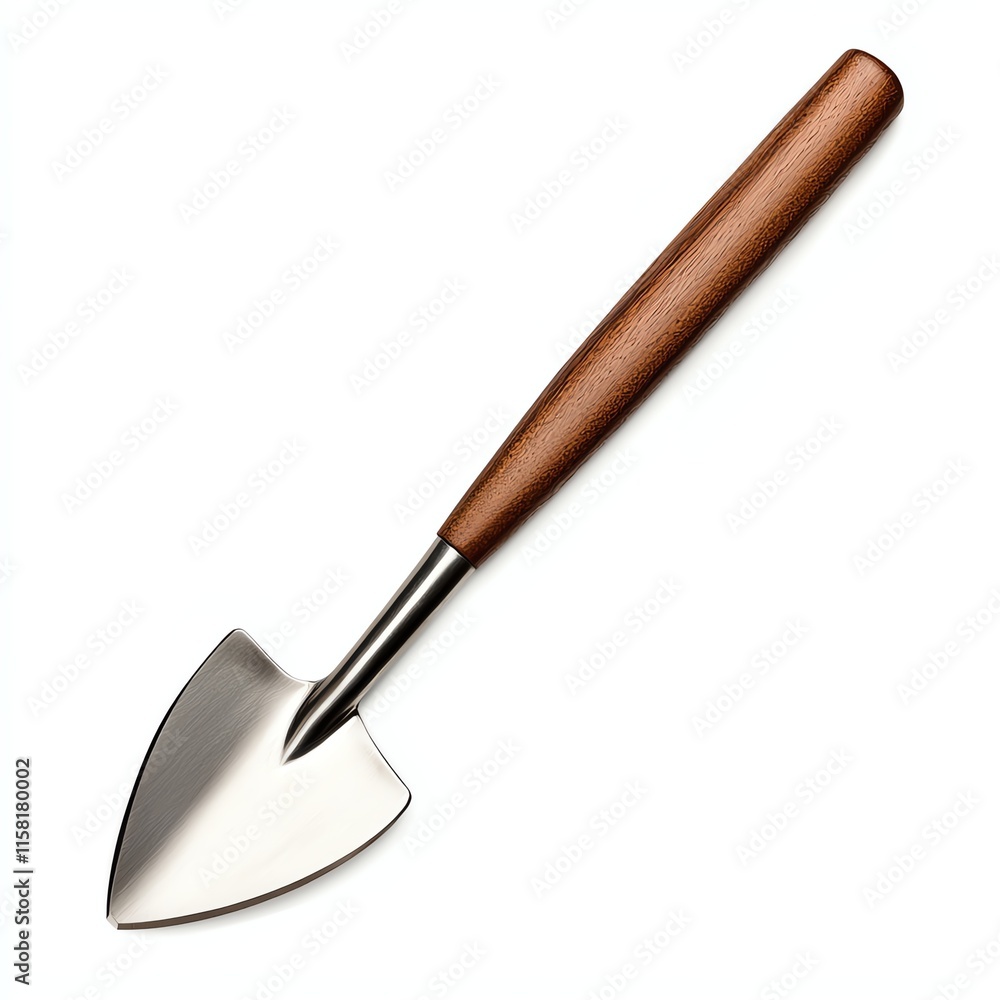A garden trowel with a sharp, triangular blade and a wooden handle, ideal for digging and planting in small spaces. A garden trowel with a sharp, triangular blade and a wooden handle, ideal for digging and planting in small spaces.