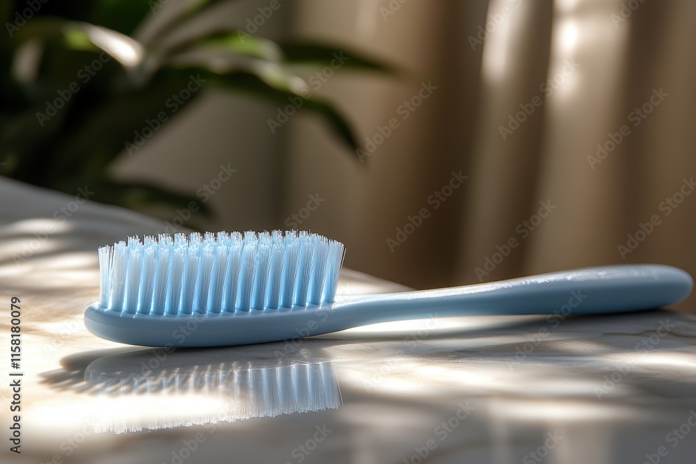 Soft Blue Toothbrush on Marble Surface with Blurred Background Captures Morning Light and Reflection in a Calm and Serene Setting Soft Blue Toothbrush on Marble Surface with Blurred Background Captures Morning Light and Reflection in a Calm and Serene Setting