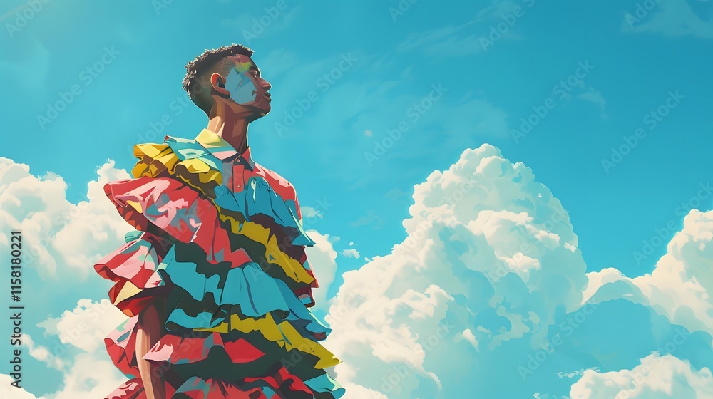 Fototapeta premium Man in Colorful Ruffled Shirt Looking Up at the Sky