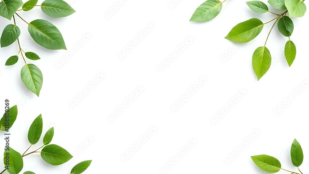 Natural green leaves arranged as a frame on white background Natural green leaves arranged as a frame on white background