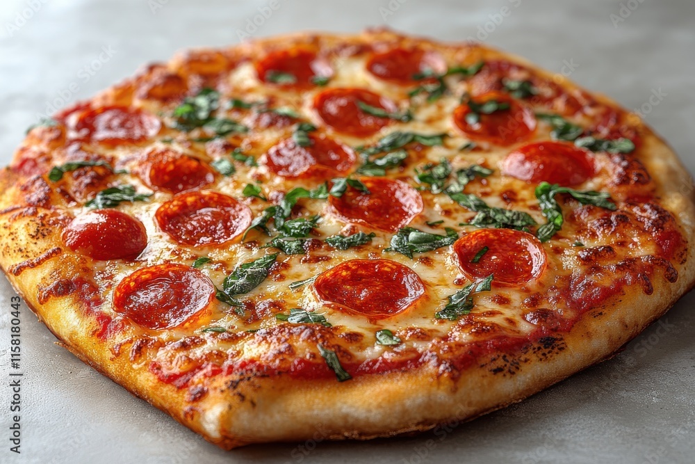 Delicious Pepperoni Pizza Topped with Fresh Basil and Melted Cheese on a Rustic Background, Perfect for Food Photography and Culinary Inspirations Delicious Pepperoni Pizza Topped with Fresh Basil and Melted Cheese on a Rustic Background, Perfect for Food Photography and Culinary Inspirations
