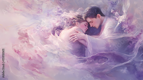 Aetherial embrace: dreamy, ethereal, transcendent, pale pinks and lavenders, flowing shapes. Aetherial. Illustration photo